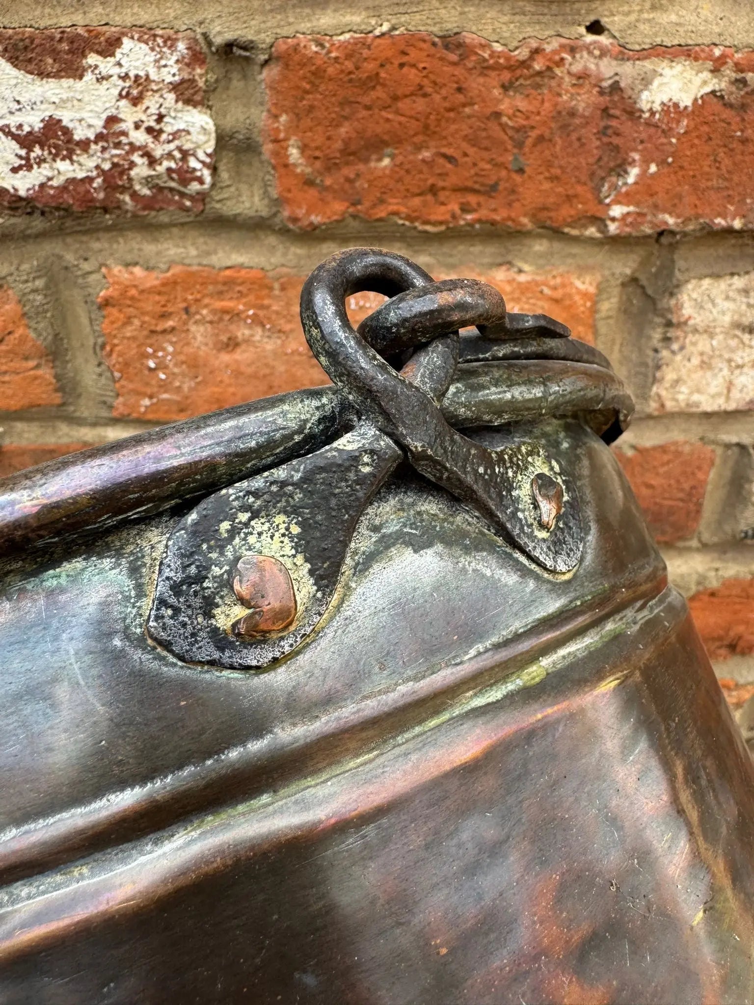 Antique Copper Cauldron Pot with Riveted Iron Handle &amp; Dovetail Planter Pot  B