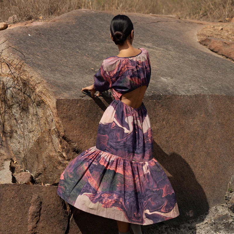 Luxury printed gathered dress with elasticated back, side pockets, upcycled cotton, purple, fair wage made in India by Bethikal at brixbailey.com