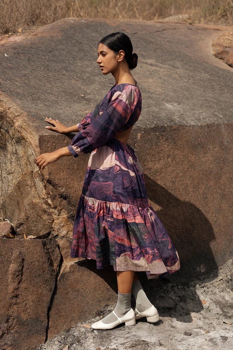 Luxury printed gathered dress with elasticated back, side pockets, upcycled cotton, limited edition, purple, made in India by Bethikal at brixbailey.com