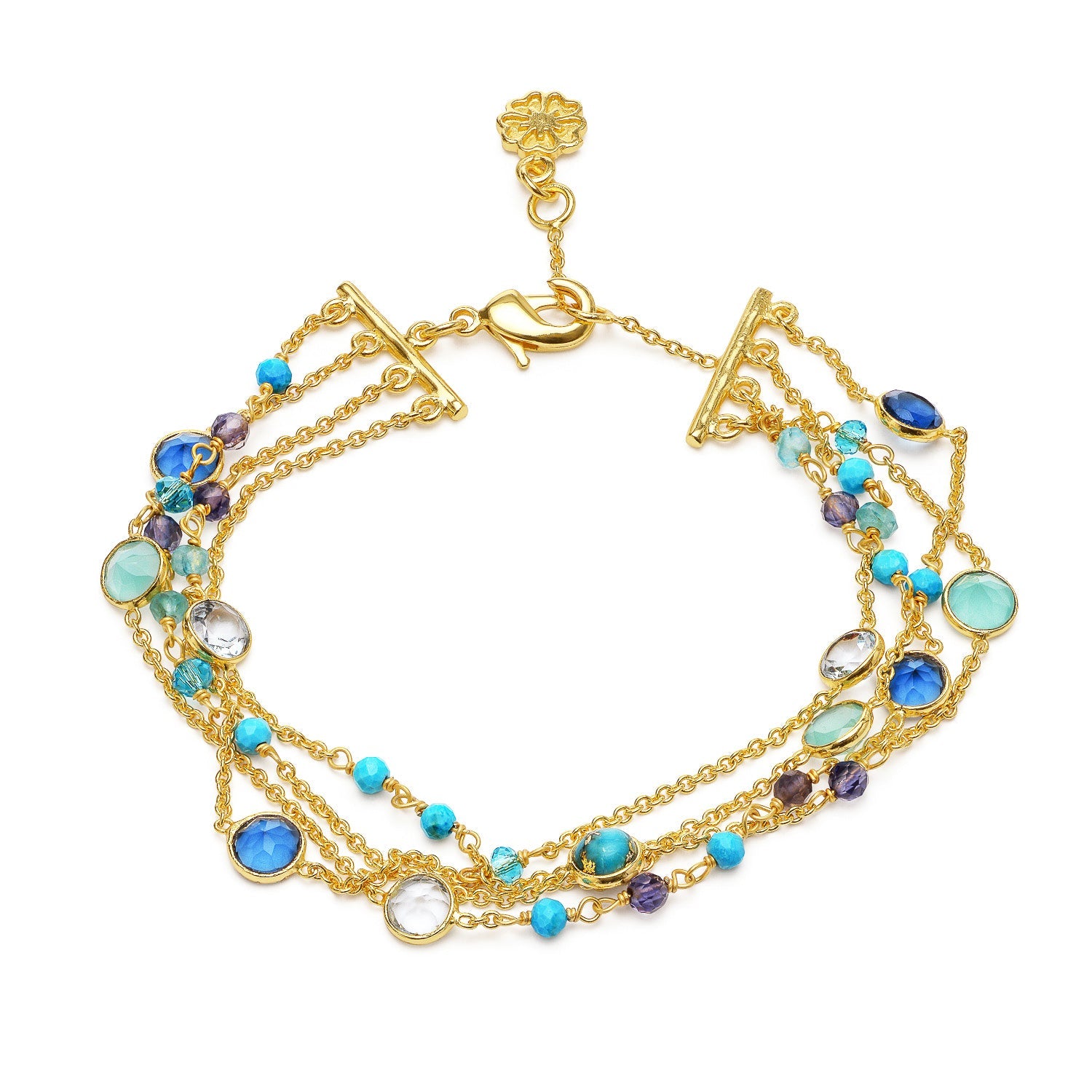 Hydra Multi-Strand Gold Chain and Gemstone Bracelet  Iolite, Blue Topaz &amp; Apatite