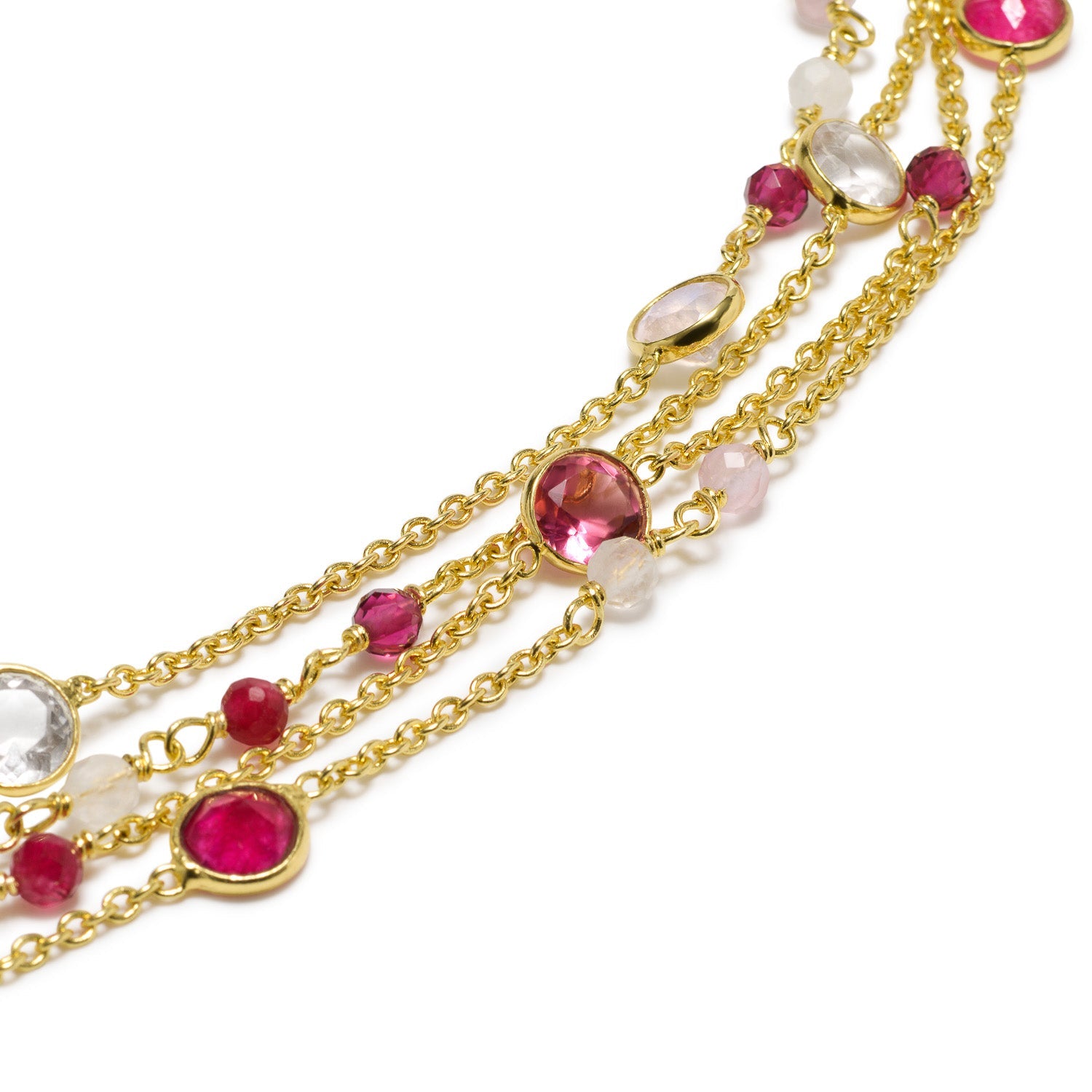 Hydra Multi-Strand Gold Chain and Gemstone Bracelet  Moonstone, Rose Quartz, Pink Jade &amp; Pink Tourmaline