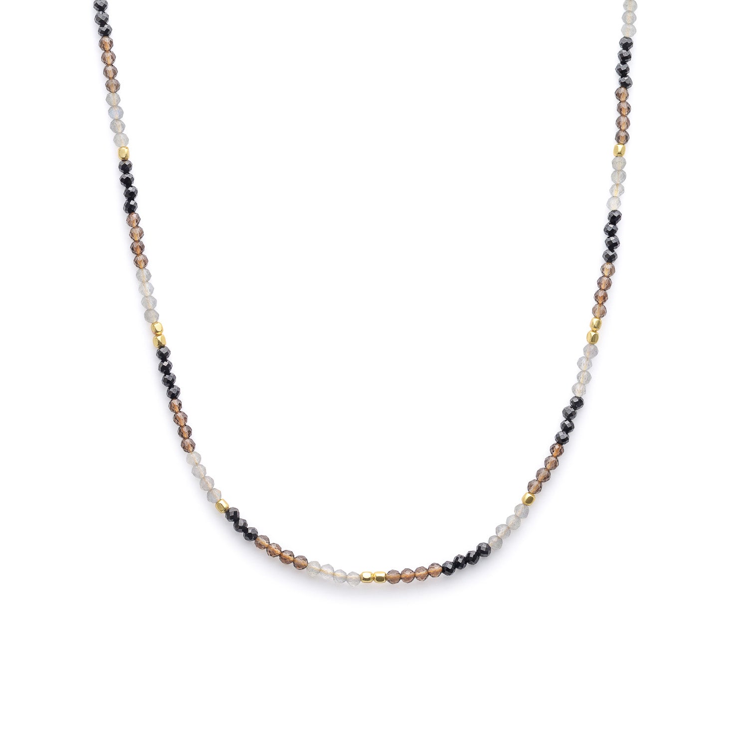Mixed Gemstone Beaded Necklace with Black Onyx, Smoky Quartz and Labradorite
