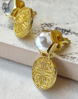 Thea Hexagon Gemstone Stud Earrings with Ornate Coins:  Mother of Pearl with Crystal