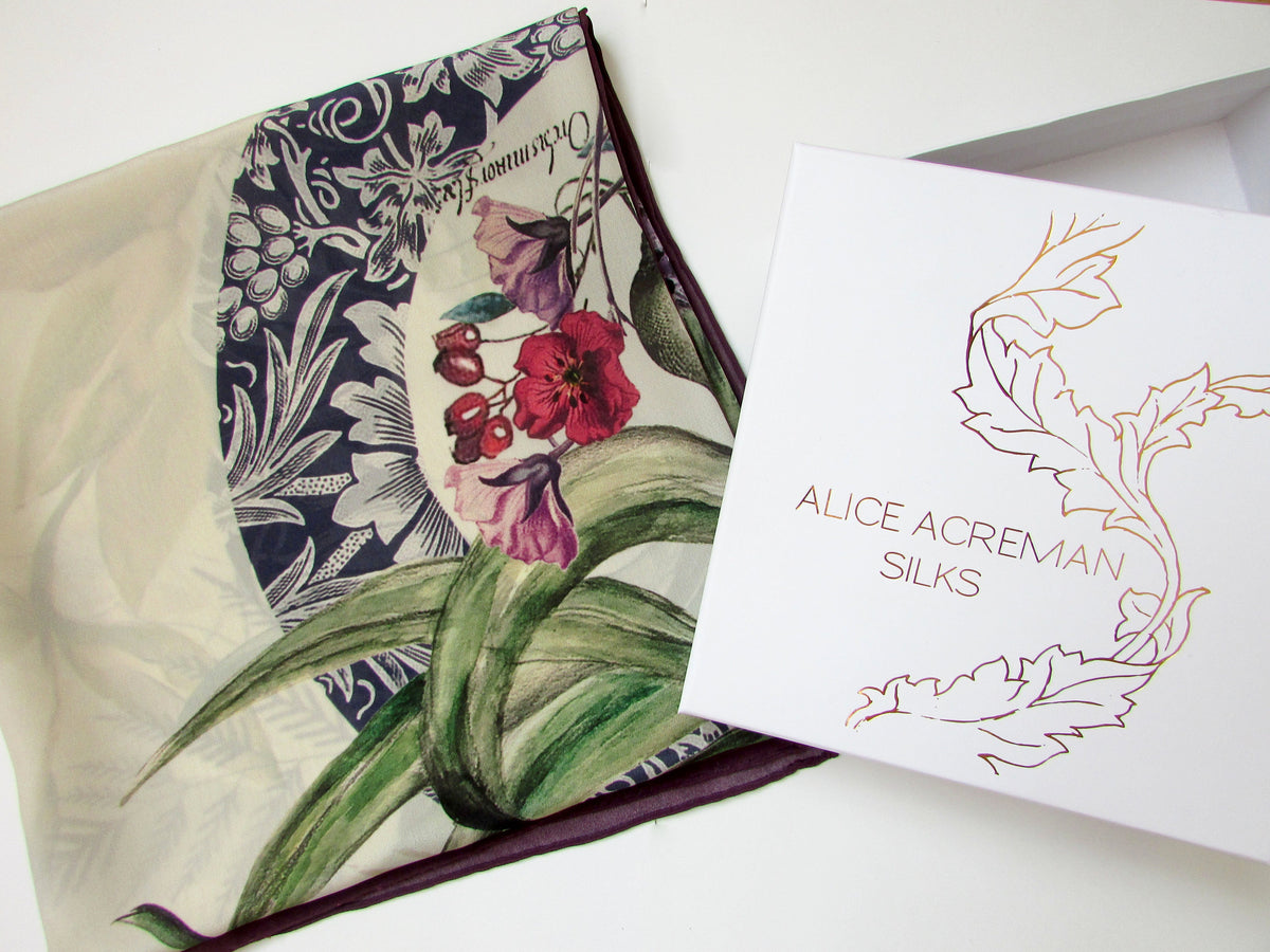 Purple and cream "Akkadian Silk" square Silk scarf
