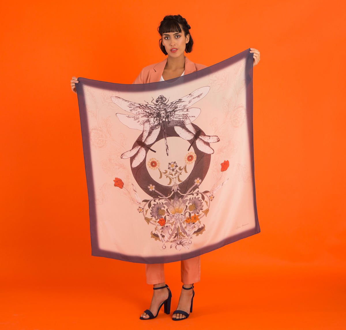 Navy blue and cream "Dragonfly Silk" square Silk scarf