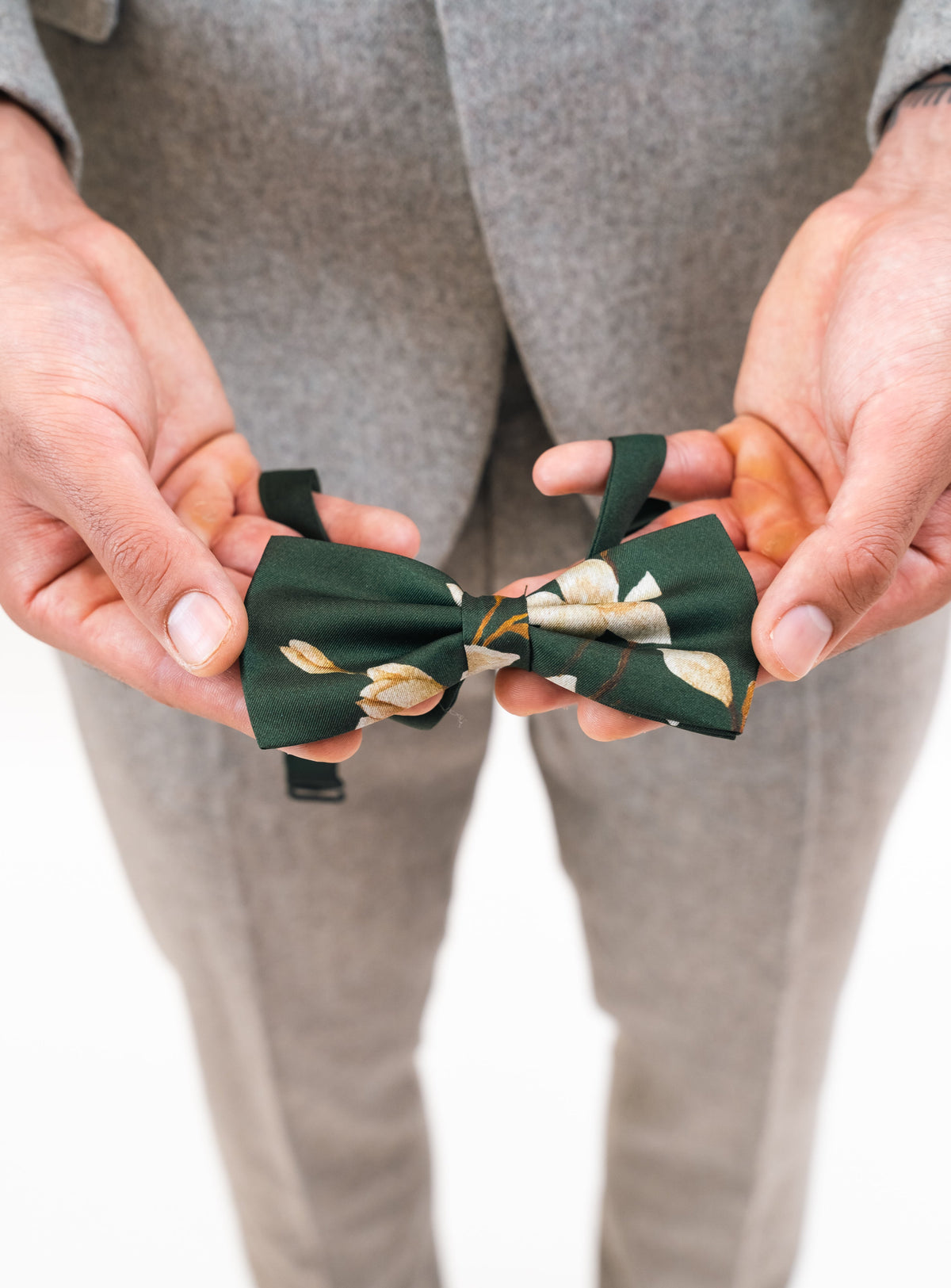 Green floral Silk Pocket Square and Bow tie in 'Forest' moth print