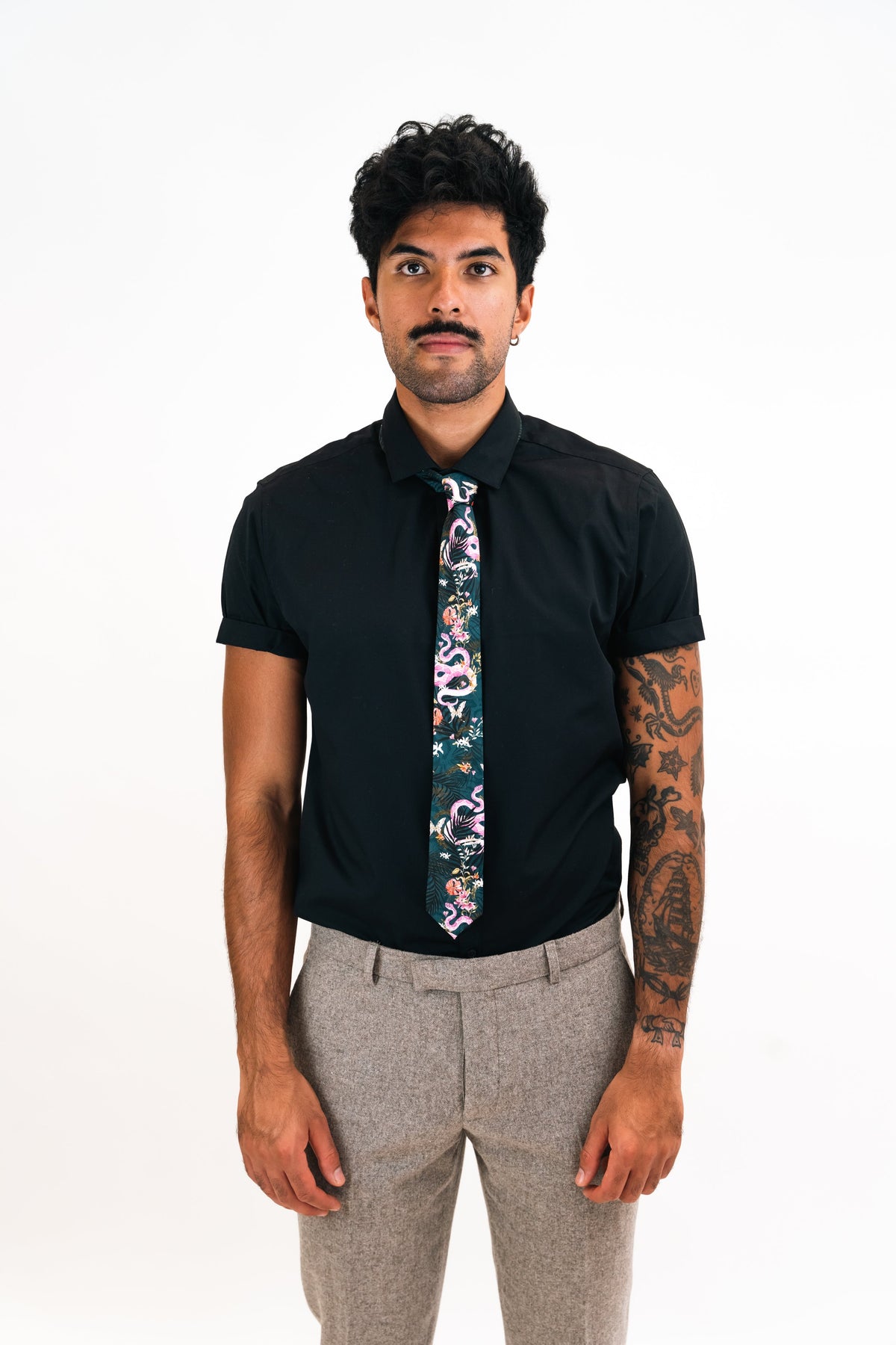 Navy Blue Silk Tie, 'Enticement' Pink Serpent design and tropical flowers