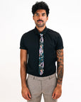 Navy Blue Silk Tie, 'Enticement' Pink Serpent design and tropical flowers