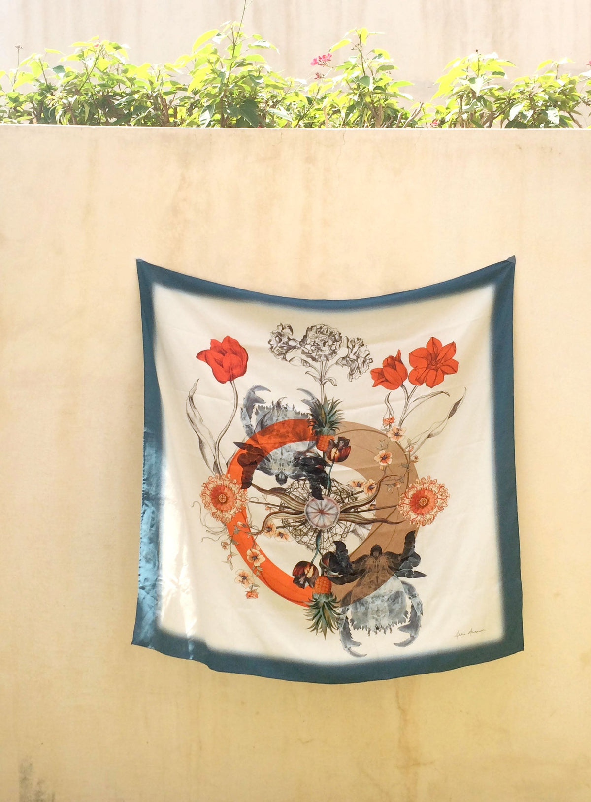 Blue 'Crustacean Silk' Silk Scarf, large square Silk Scarf with crab and tulip design from the Evolution Collection