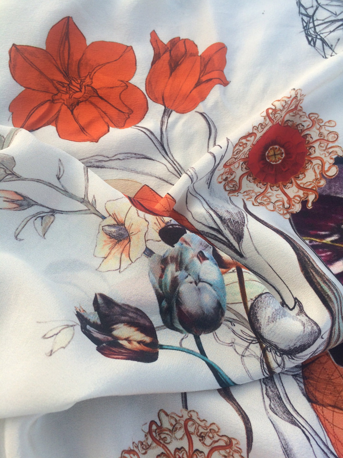 Blue 'Crustacean Silk' Silk Scarf, large square Silk Scarf with crab and tulip design from the Evolution Collection
