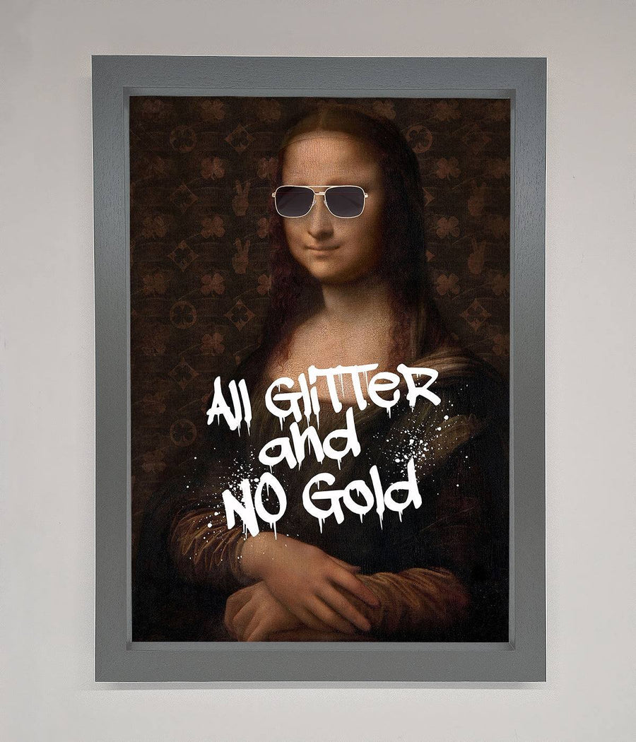 Luxury All Glitter No Gold Mona Lisa Framed Print, premium handcrafted artwork with modern glamour by Zestio at brixbailey.com