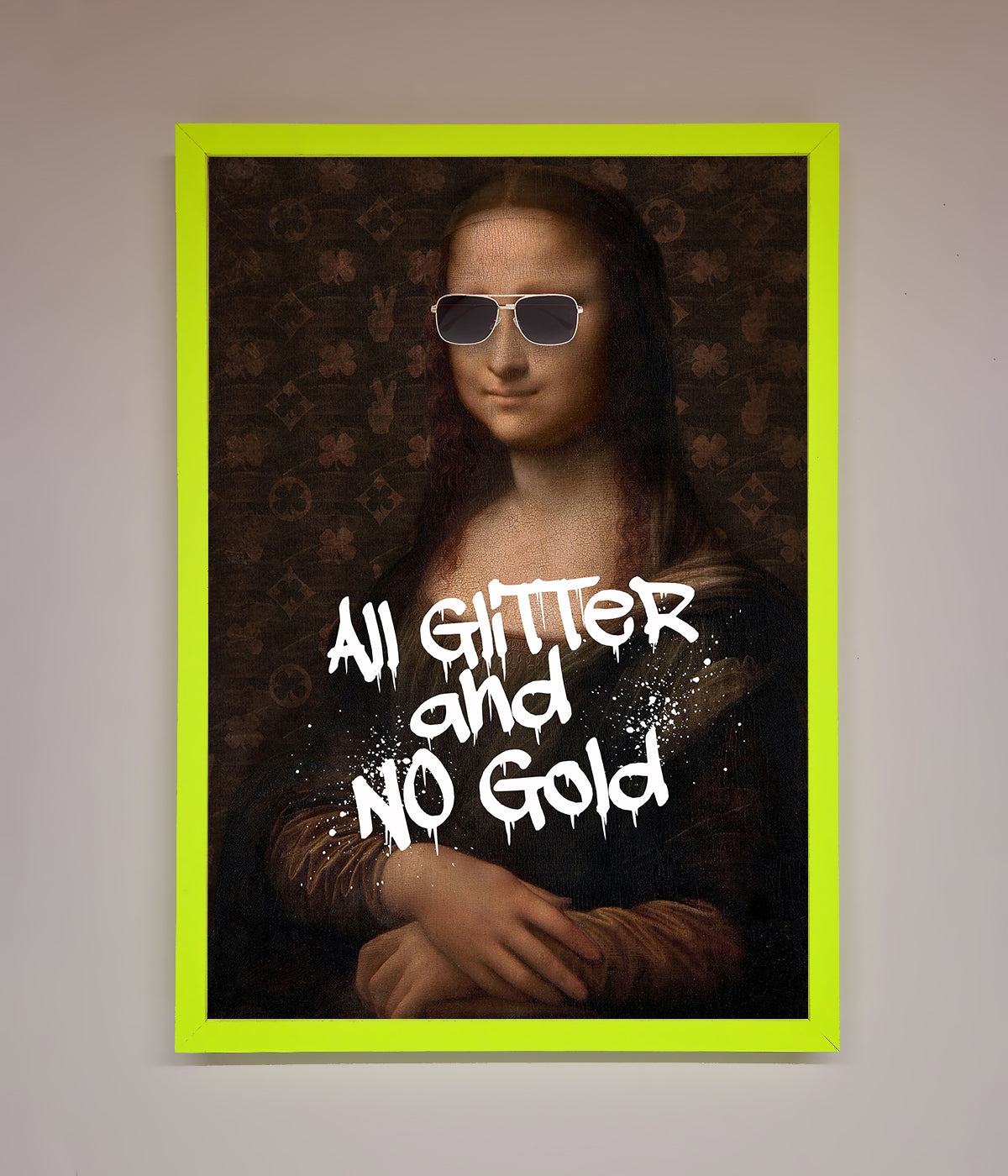Luxury All Glitter No Gold Mona Lisa Framed Print, premium handcrafted artwork with modern glamour, stylish home decor by Zestio at brixbailey.com