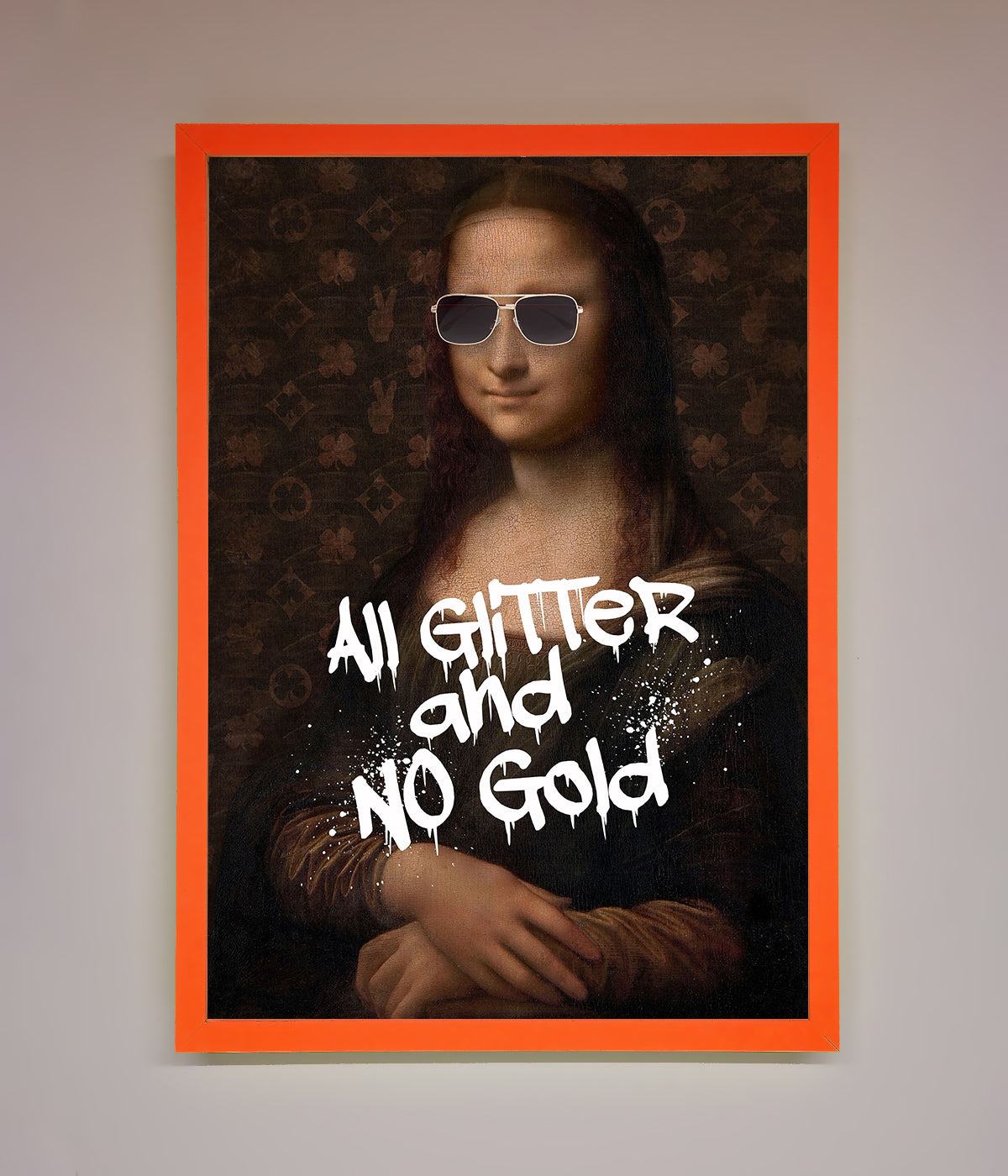 Luxury All Glitter No Gold Mona Lisa Framed Print, premium handcrafted artwork, stylish modern twist on classic masterpiece by Zestio at brixbailey.com