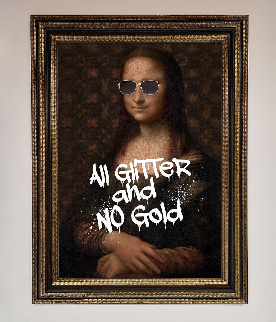Luxury All Glitter No Gold Mona Lisa Framed Print, premium glamorous artwork for home or office decor by Zestio at brixbailey.com
