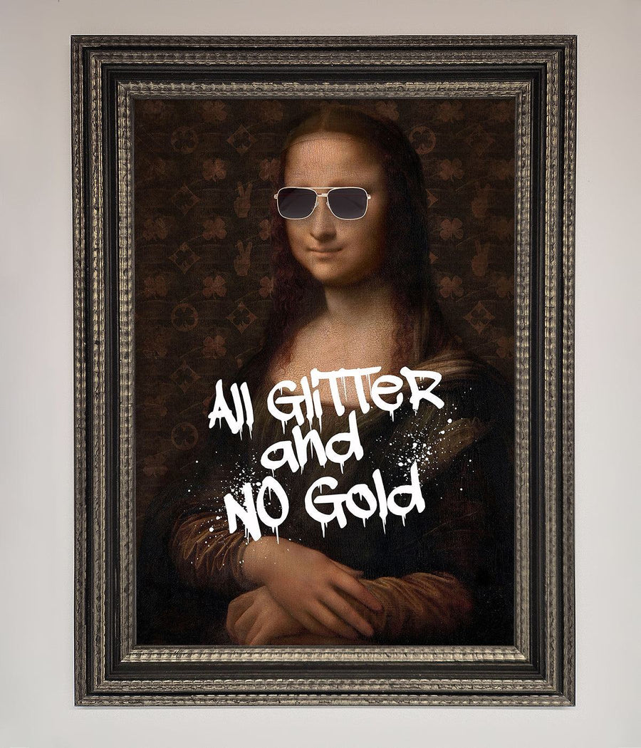 All Glitter No Gold Mona Lisa Framed Print, luxury glamorous modern twist on classic artwork, stylish home decor statement piece by Zestio at brixbailey.com