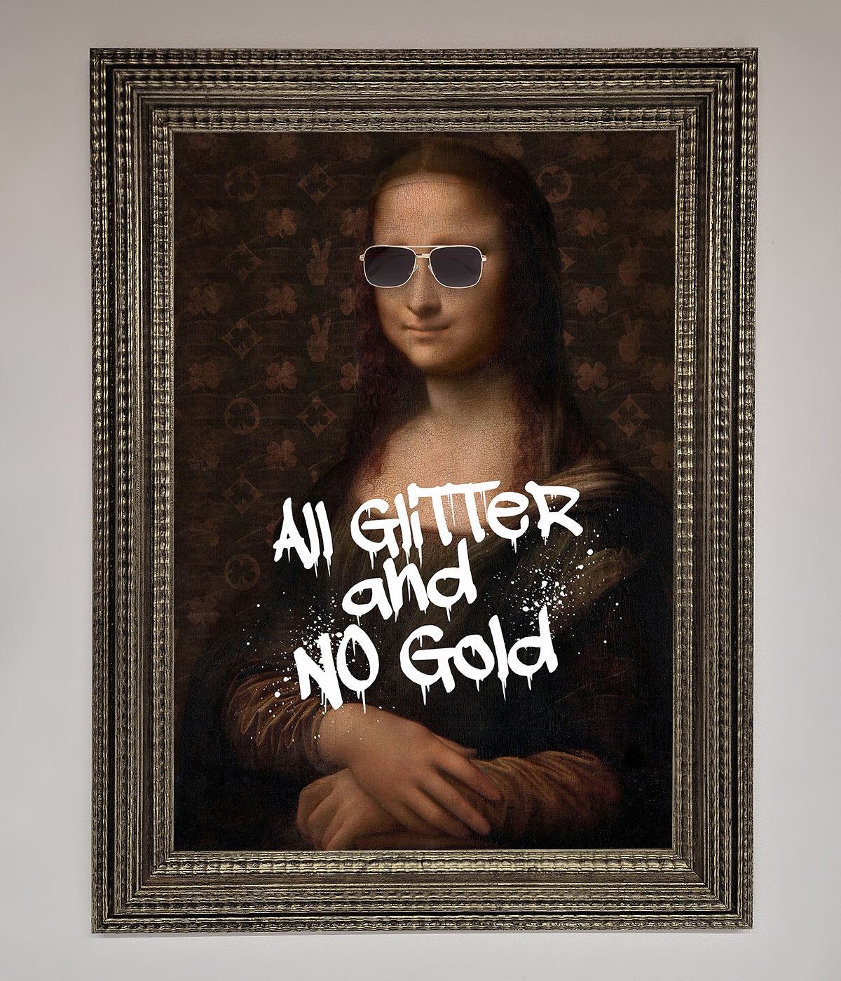 Luxury All Glitter No Gold Mona Lisa Framed Print, premium glamorous artwork, stylish modern twist on classic masterpiece by Zestio at brixbailey.com