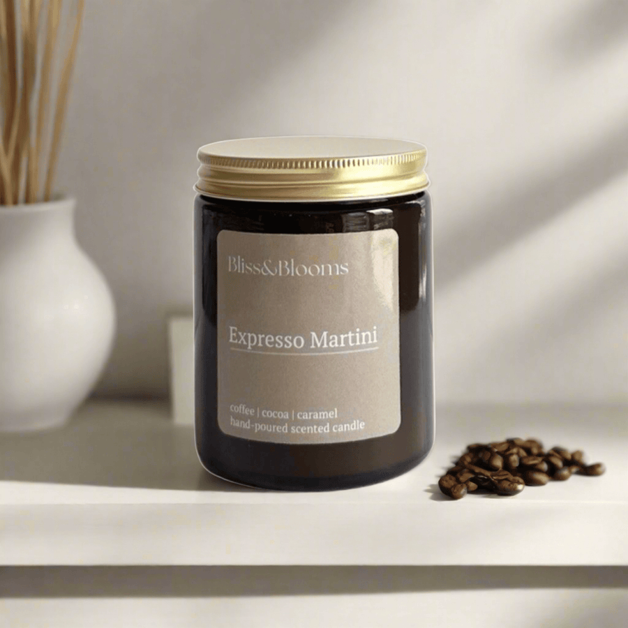 Luxury espresso martini scented candle, premium coffee aroma with rum, vodka, cocoa, caramel and vanilla notes, handcrafted in amber glass jar with gold lid by Bliss & Blooms at brixbailey.com