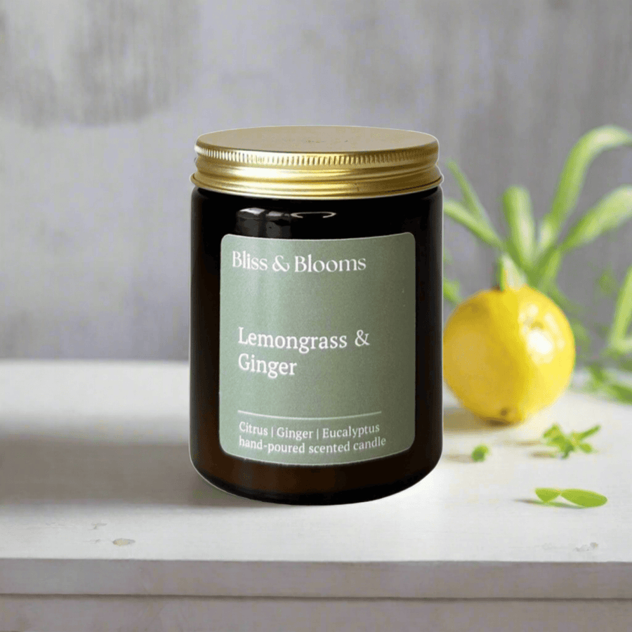 Premium Lemongrass and Ginger Scented Candle, Luxury Handcrafted Soy Wax Candle with Citrus and Spicy Notes, Stylish Amber Glass Jar, 35-Hour Burn Time by Bliss & Blooms at brixbailey.com