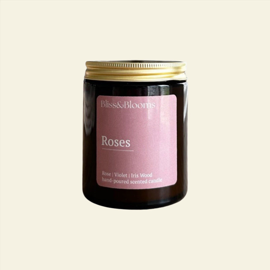 Luxury rose scented candle in amber glass jar, handcrafted with authentic English garden rose fragrance, premium home decor by Bliss & Blooms at brixbailey.com
