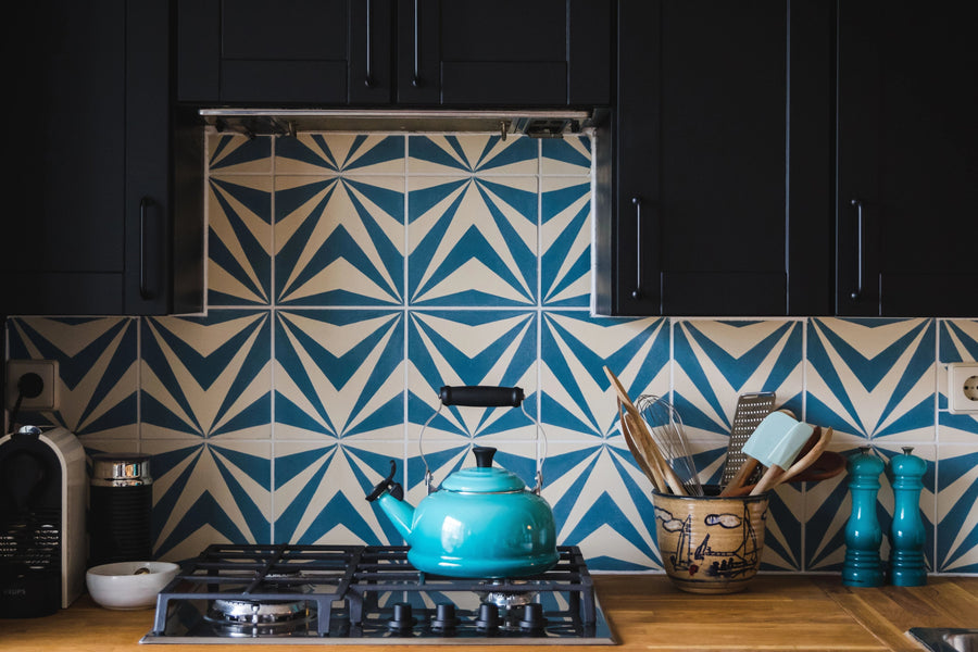 Premium NEO cement tiles, stylish blue and white floor and wall tiles, luxury handcrafted bathroom and kitchen tiles, best-selling trending design by Maria Starling Design at brixbailey.com
