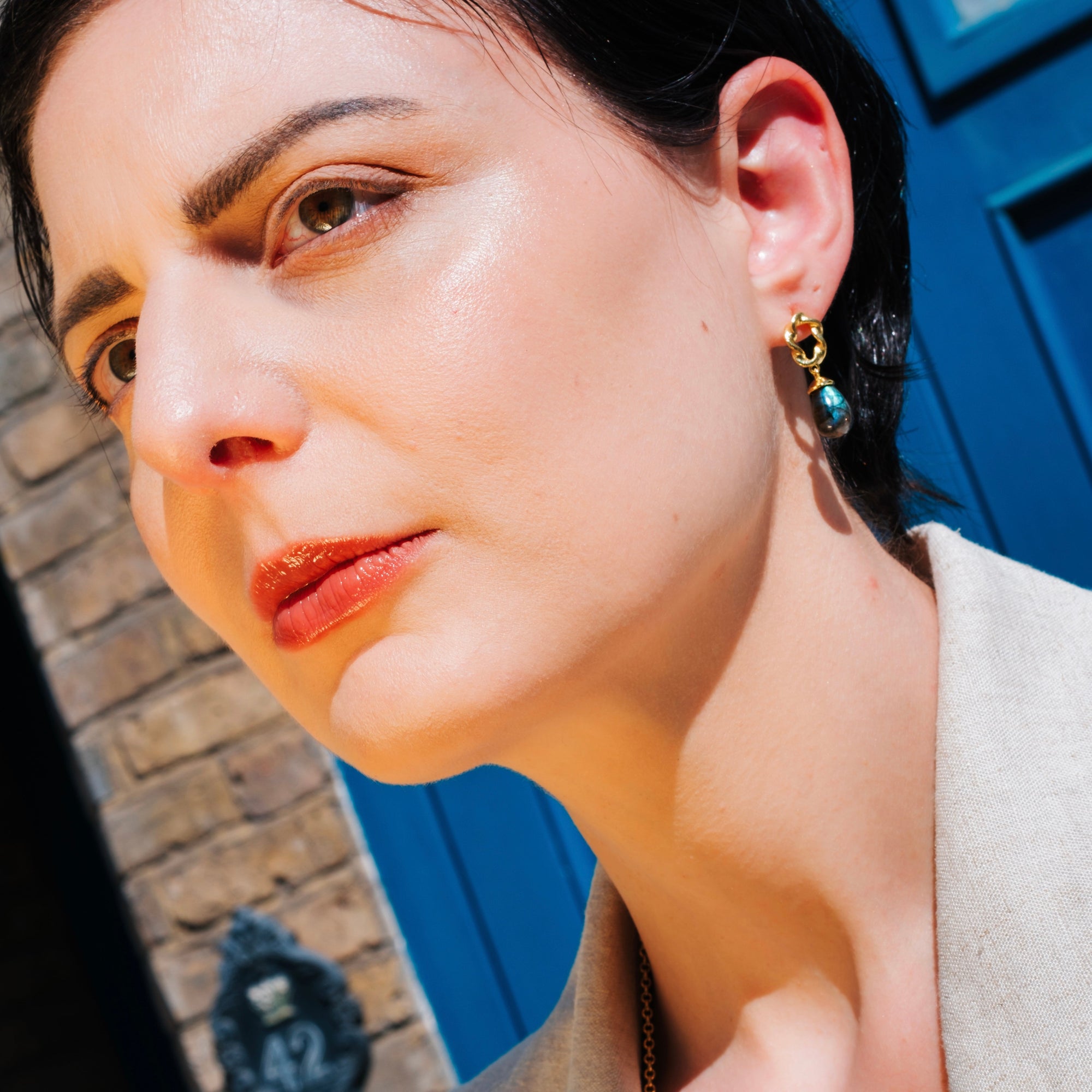 Twisted Loop Rose Quartz Earrings in Gold