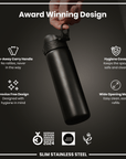 Leak Proof Slim Water Bottle, Stainless Steel, Black, 600ml (20oz)