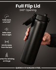 Leak Proof 1 Litre Water Bottle, Stainless Steel, Black, 1L