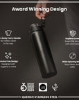 Leak Proof 1 Litre Water Bottle, Stainless Steel, Black, 1L