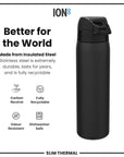 Leak Proof Slim Thermal Steel Water Bottle, Insulated, Black, 500ml (17oz)