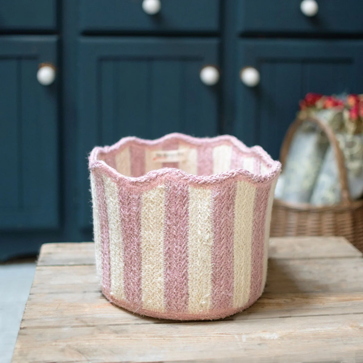 Stripy Scalloped Basket - Dusty Pink