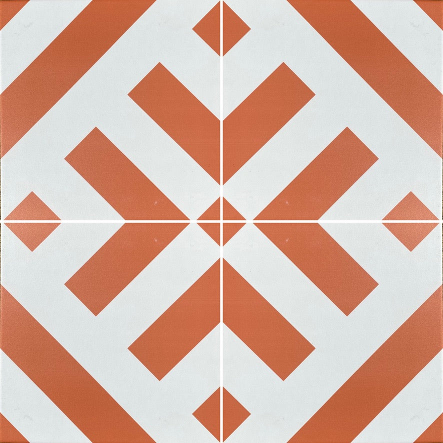 Luxury terracotta geometric porcelain tile, premium handcrafted stripes for indoor outdoor use, durable anti-slip design by Maria Starling Design at brixbailey.com