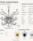 Metal Swivel Coat Rack | 5 Hook Wall Hanger | Solid Brass, Black or Chrome
