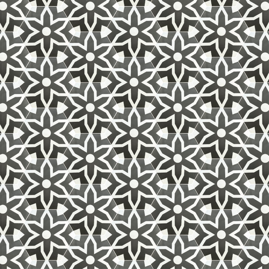 Luxury Fleur porcelain floor and wall tiles, black and white hex pattern, premium anti-slip matte finish, indoor outdoor use by Maria Starling Design at brixbailey.com