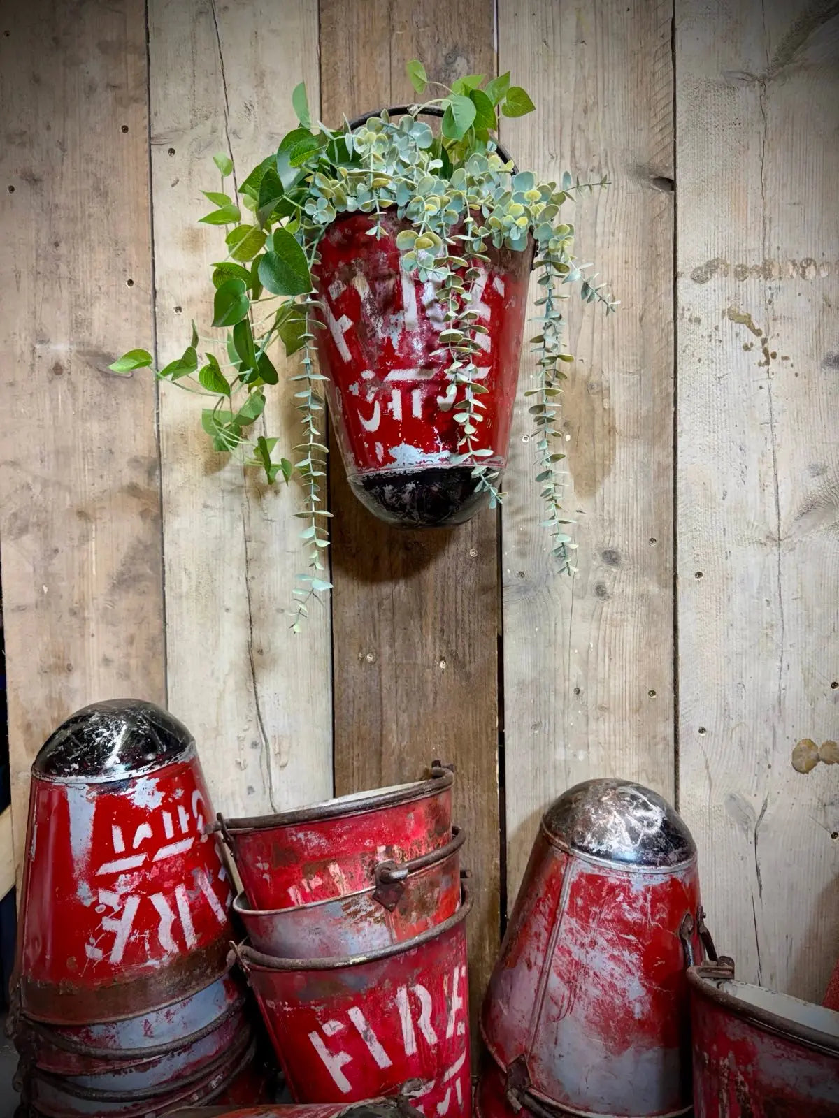 Vintage Galvanised Hanging Fire Bucket Hanging Basket / Plant Pot Planter Pail