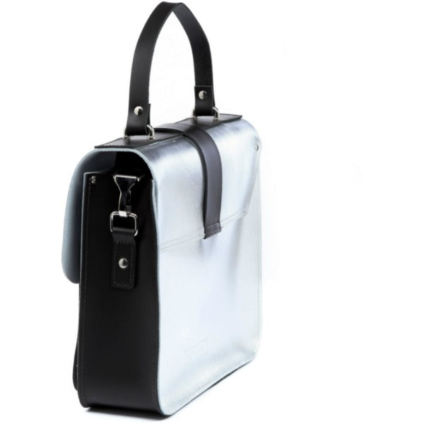 Silver Structured Leather Top Handle Bag
