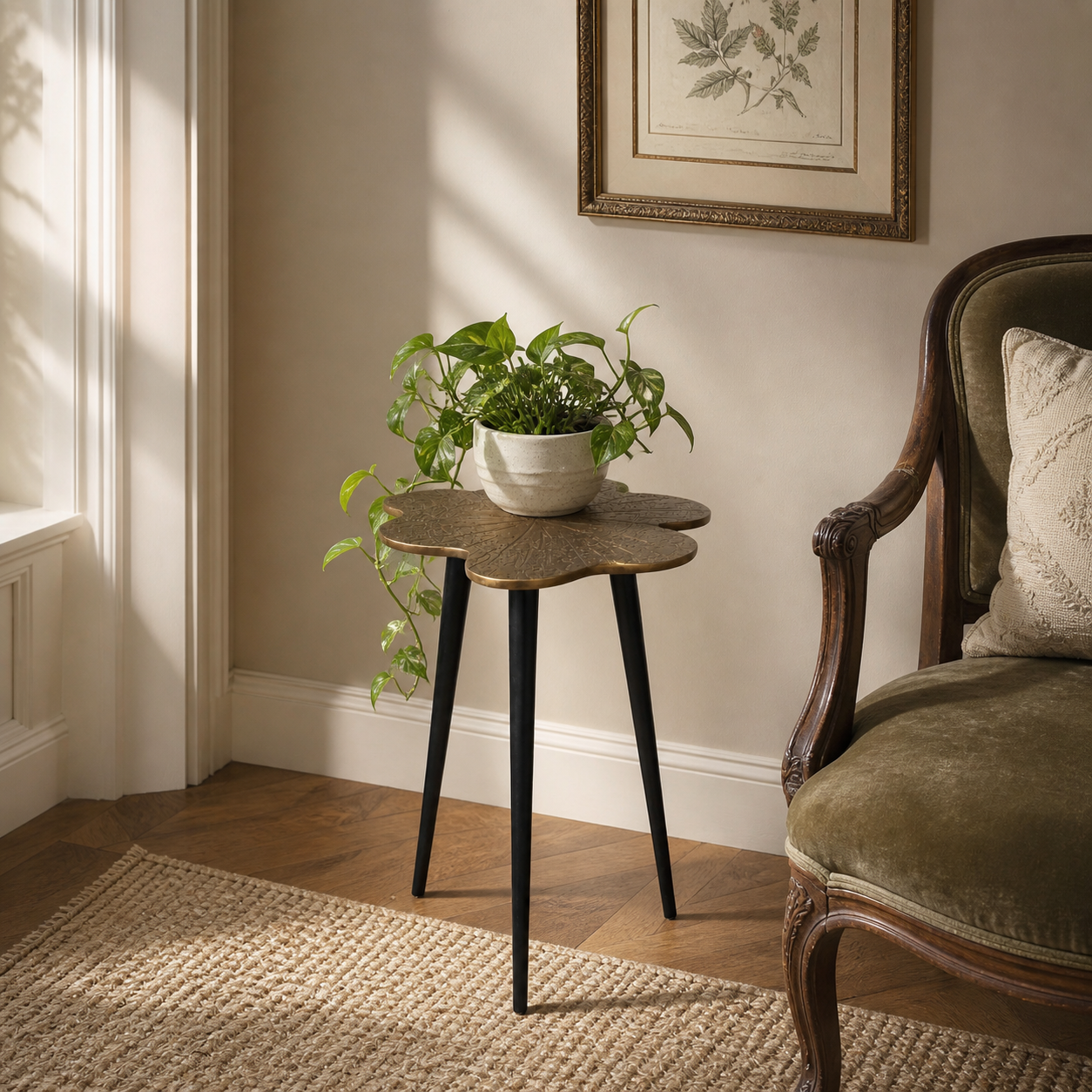 Brass Clover Side Table | Etched Top &amp; Black Iron Legs