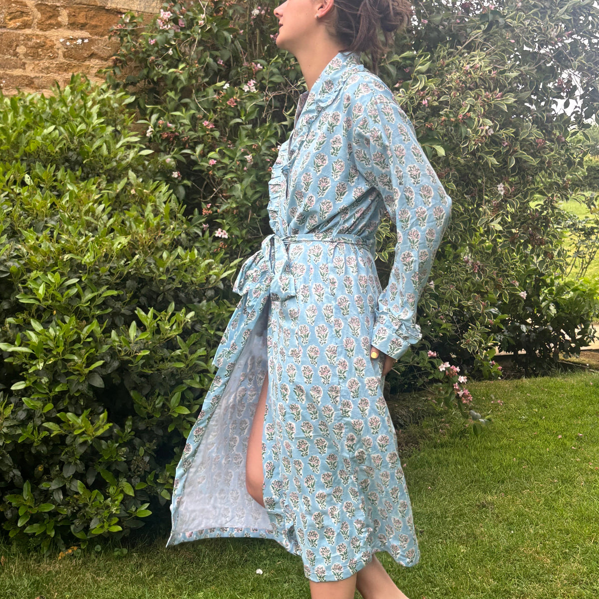 Blue Floral Frilly Dressing Gown