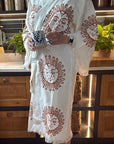 Long Cotton Robe: White with Terracotta Sun