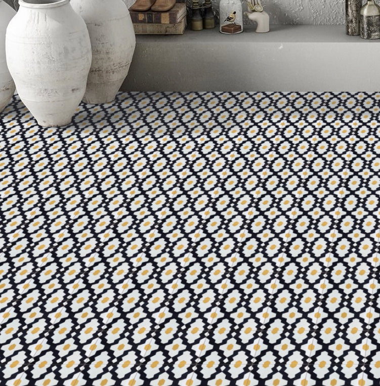 Luxury Moroccan cement tiles, vibrant yellow and black bathroom kitchen tiles, handcrafted authentic Souk pattern, premium high-traffic flooring by Maria Starling Design at brixbailey.com