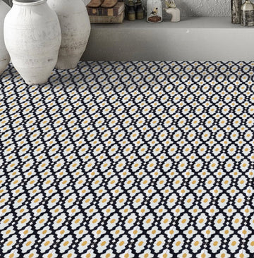 Luxury Moroccan cement tiles, vibrant yellow and black bathroom kitchen tiles, handcrafted authentic Souk pattern, premium high-traffic flooring by Maria Starling Design at brixbailey.com