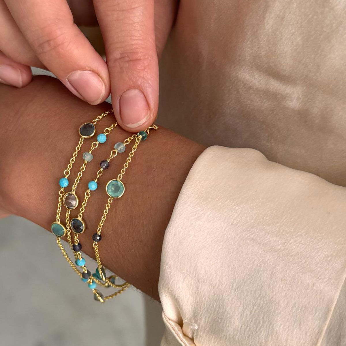Hydra Multi-Strand Gold Chain and Gemstone Bracelet  Iolite, Blue Topaz &amp; Apatite