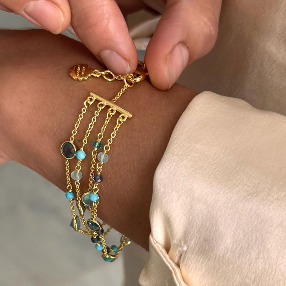 Hydra Multi-Strand Gold Chain and Gemstone Bracelet  Iolite, Blue Topaz &amp; Apatite