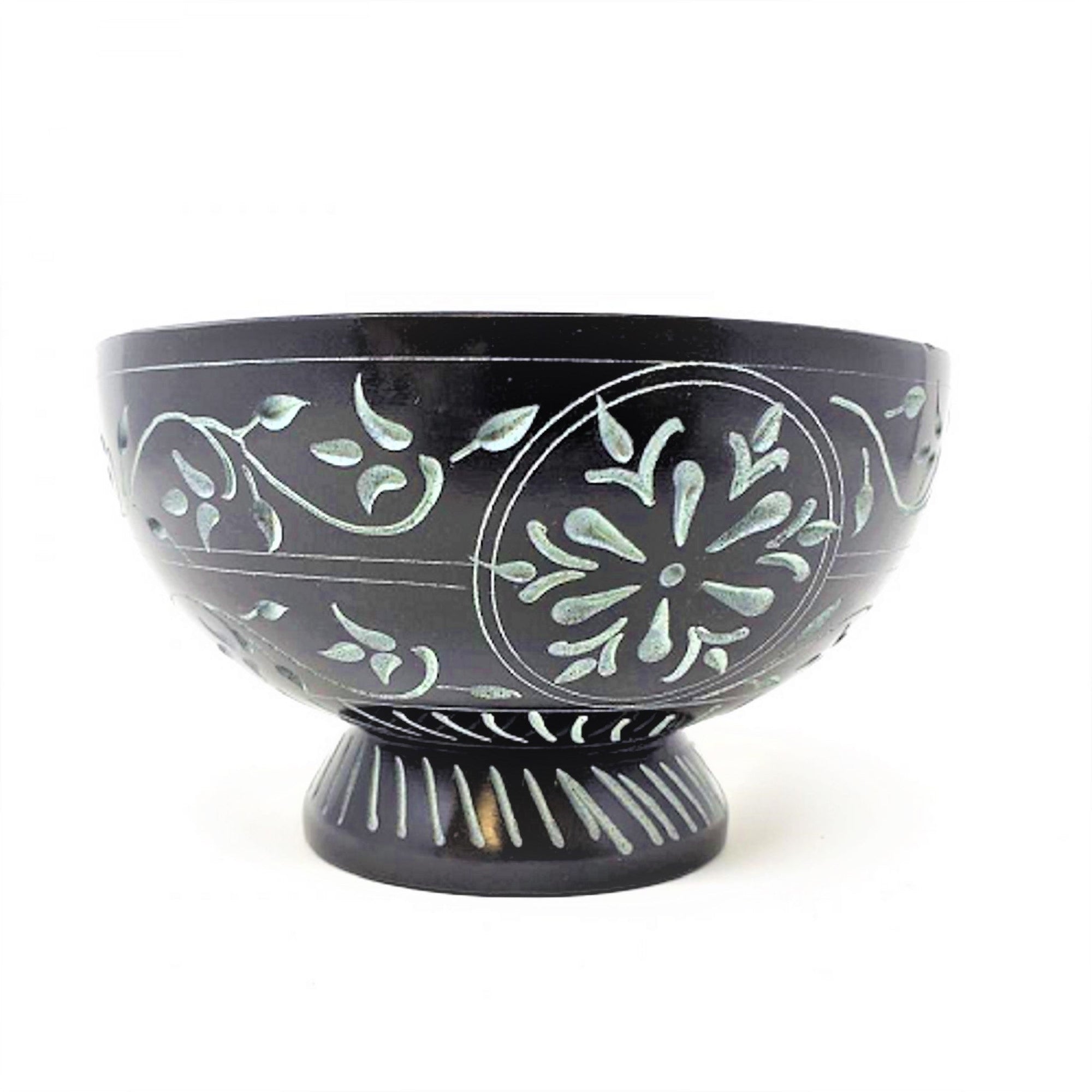 Sacred Bloom: Floral Hand-Carved Black Soapstone Bowl ( 3")-0