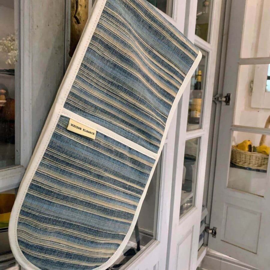Luxury double oven glove blue striped, premium handcrafted cotton, best-selling seaside design, heat-resistant, UK-made by Maison Elhoria at brixbailey.com