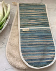 Premium double oven glove in blue striped beach house design, luxury handcrafted cotton fabric, heat-resistant, stylish kitchen essential by Maison Elhoria at brixbailey.com