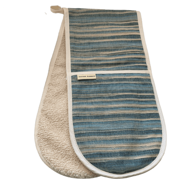 Premium blue striped double oven glove, luxury handwoven cotton, heat-resistant, stylish beach house design, best-selling kitchen essential by Maison Elhoria at brixbailey.com