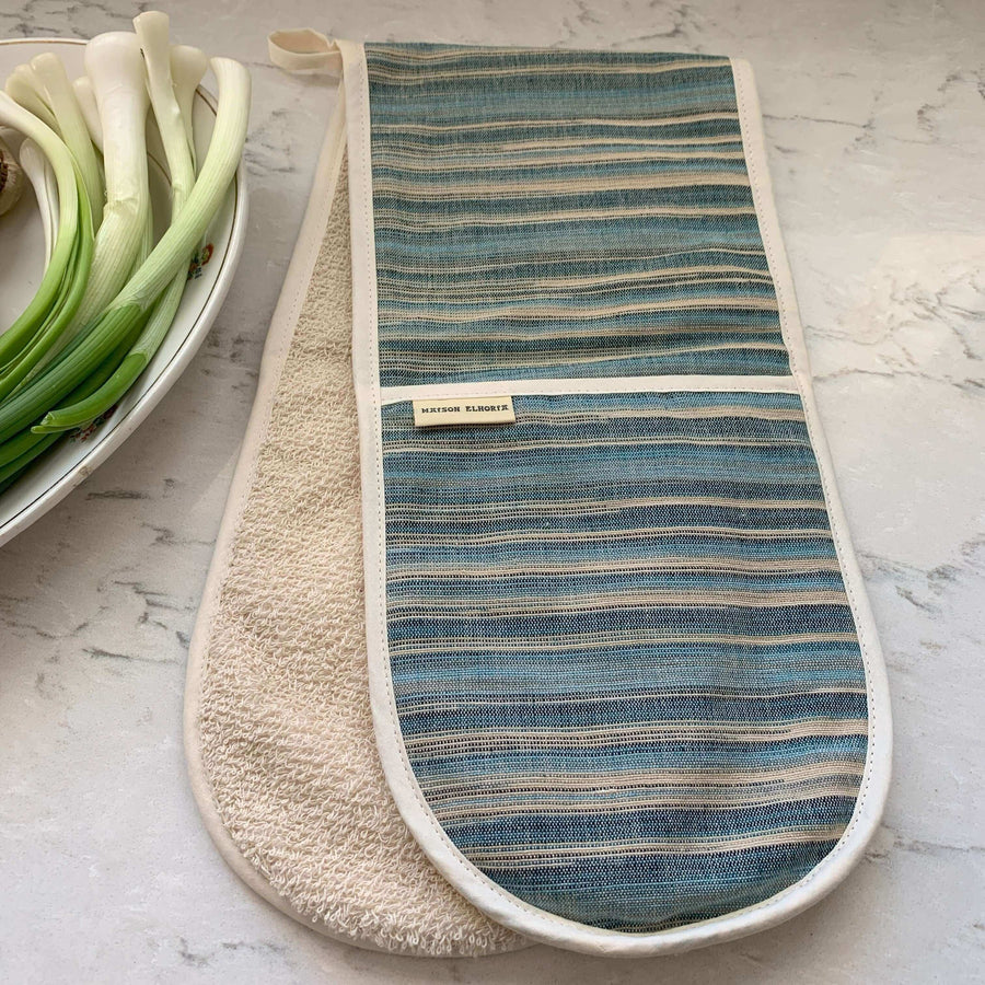 Premium double oven glove in blue striped beach house design, luxury handcrafted cotton fabric, heat-resistant, stylish kitchen essential by Maison Elhoria at brixbailey.com