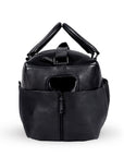 Premium black leather weekender bag, handmade sustainable full grain cowhide, spacious laptop sleeve, antique brass hardware, durable travel companion by Bethikal at brixbailey.com