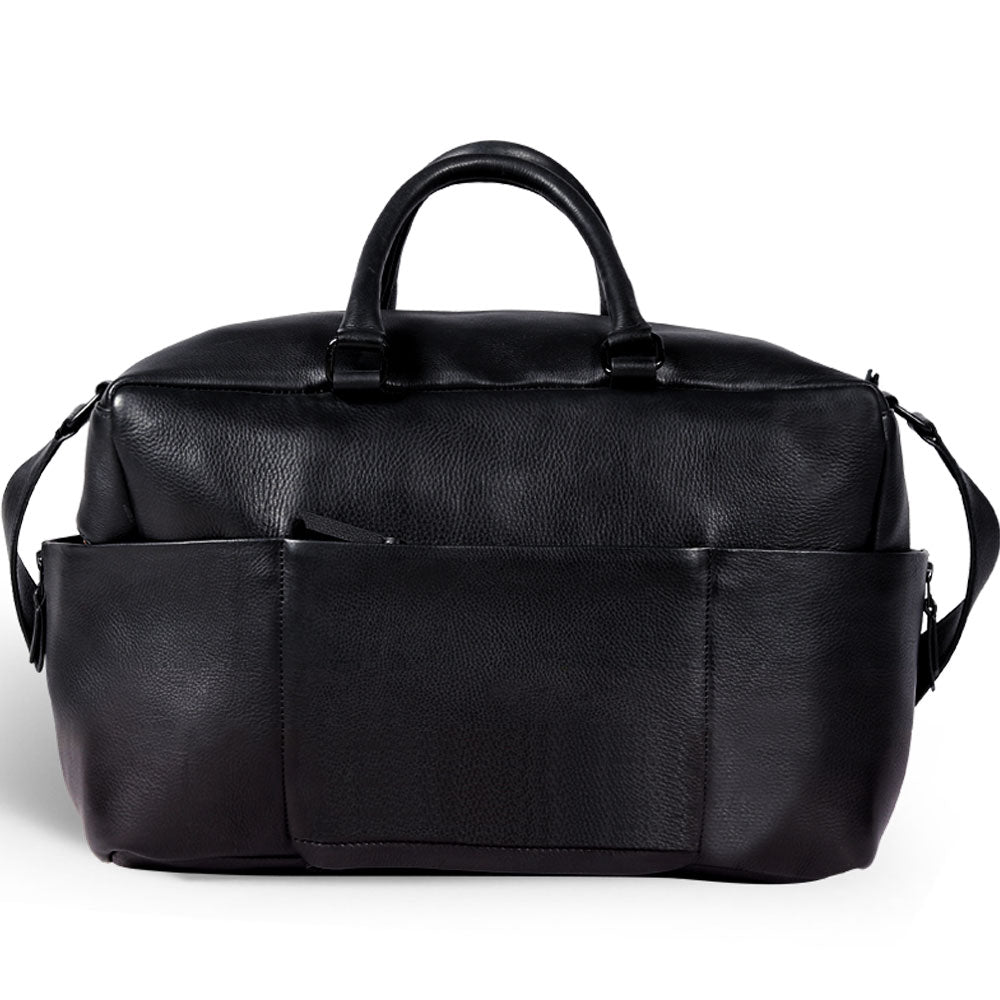 Premium black leather weekender bag, handmade sustainable full grain cowhide, spacious travel bag with laptop sleeve, antique brass hardware by Bethikal at brixbailey.com