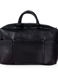 Premium black leather weekender bag, handmade sustainable full grain cowhide, spacious travel bag with laptop sleeve, antique brass hardware by Bethikal at brixbailey.com